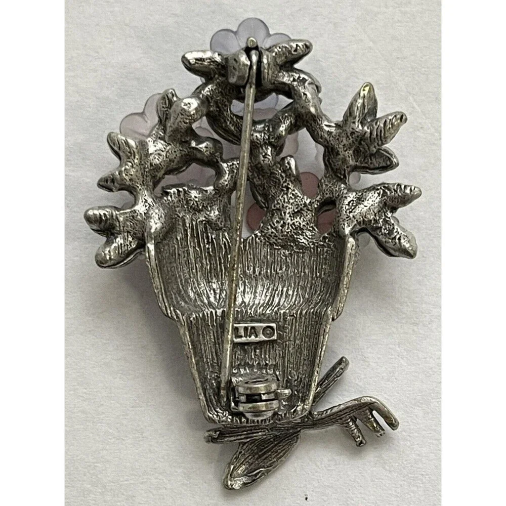 Vintage Signed Lia Flower in Pot with Gardening Tools Brooch Silver Tone
